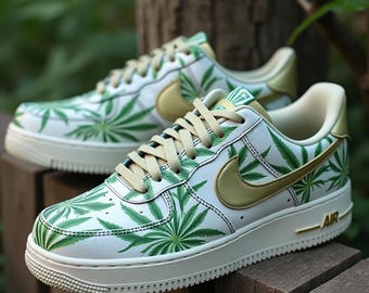 Hand-painted Cannabis Print Sneakers: Custom Air Force 1  display picture 1