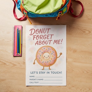 Cartão de contato com donuts em aquarela | Trocadilho "Esqueça-me com donuts" | Presente de fim de ano para crianças para colegas de classe em pastel, download digital instantâneo PNG