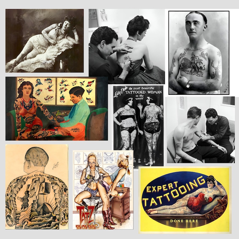 May include: A collage of vintage tattoo images, including a woman getting a tattoo, a man with a full body tattoo, and a sign for a tattoo parlour. The sign reads "Expert Tattooing Done Here".