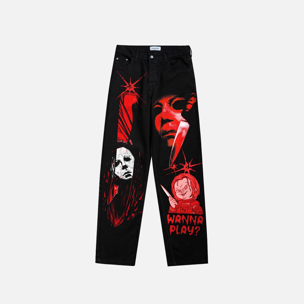 Custom hand painted Horror movie jeans 90s Black baggy thriller denim  handmade wide leg grunge custom pants halloween festival outfit