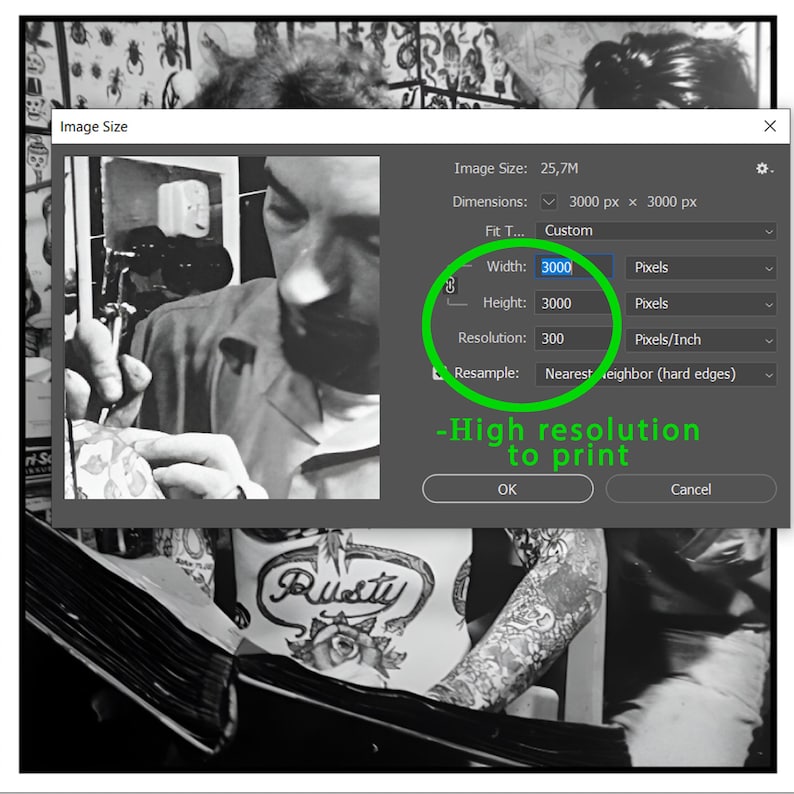 May include: A black and white image of a person getting a tattoo. The image is being edited in a photo editing program. The image size is set to 3000 pixels by 3000 pixels, with a resolution of 300 pixels per inch. The text "High resolution to print" is visible on the screen.