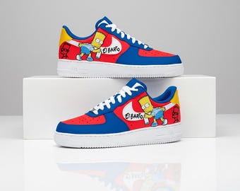 カスタムバート・シンプソン ナイキ エアフォース1、手描きエル・バルト スニーカー、漫画風シューズ