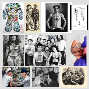 May include: A collage of images showing various tattoo designs and tattoo artists at work. The images include a full body tattoo design, a tattoo artist working on a client's arm, and a close-up of a tattoo machine.