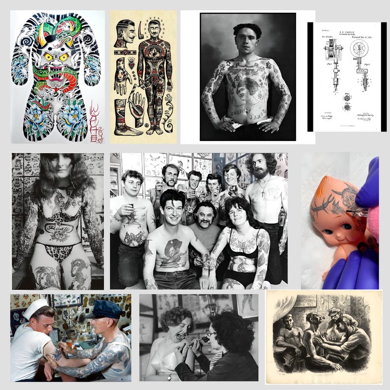 May include: A collage of images showing various tattoo designs and tattoo artists at work. The images include a full body tattoo design, a tattoo artist working on a client's arm, and a close-up of a tattoo machine.