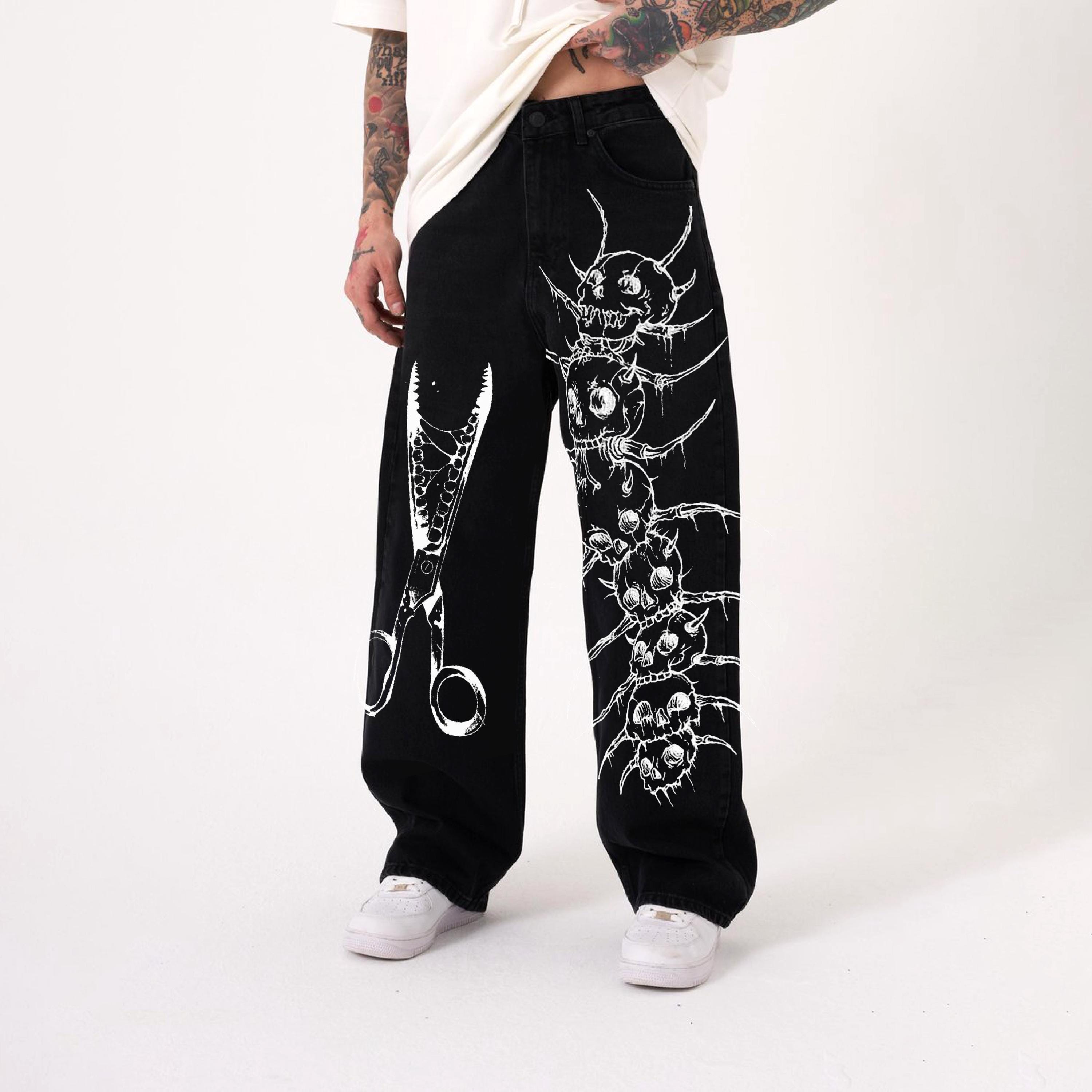 Hand Painted Y2K Grunge Jeans: Black Baggy, Horror Thriller Denim