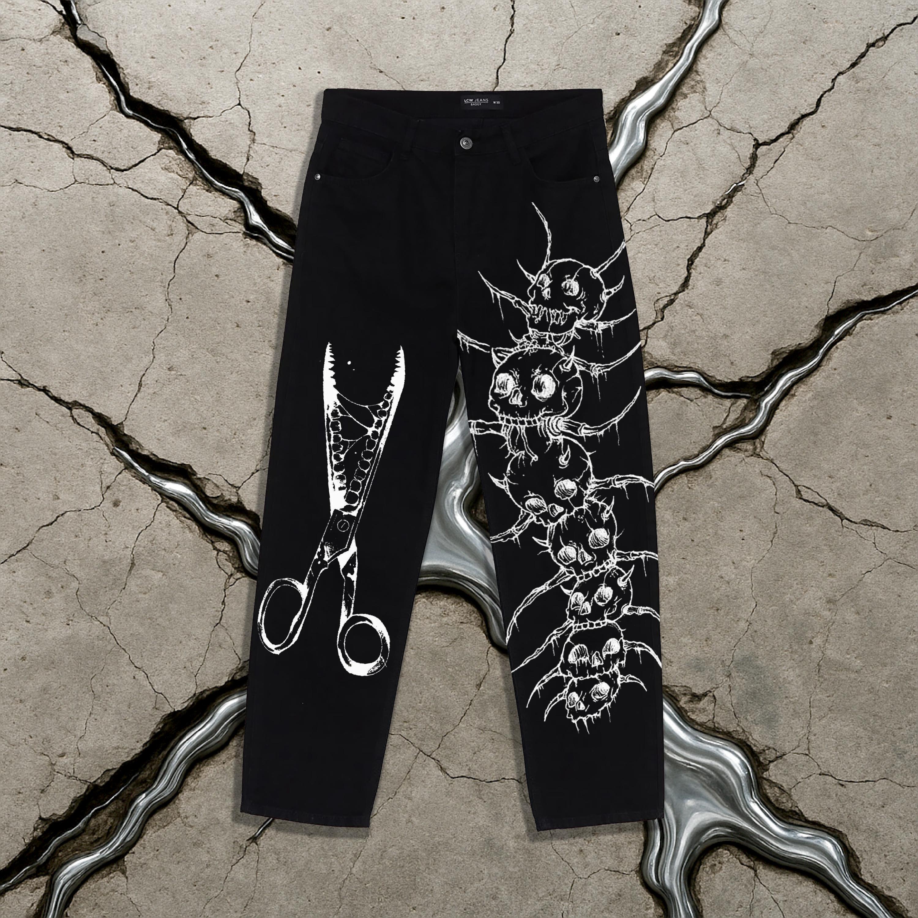 Hand Painted Y2K Grunge Jeans: Black Baggy, Horror Thriller Denim 