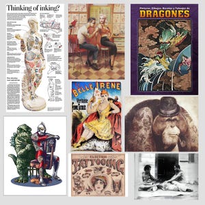 May include: A collage of images relating to tattoos. The images include a vintage tattoo parlour sign, a woman getting a tattoo, a drawing of a dragon, a vintage illustration of a tattooed monkey, and a black and white photo of a tattoo artist working on a client.