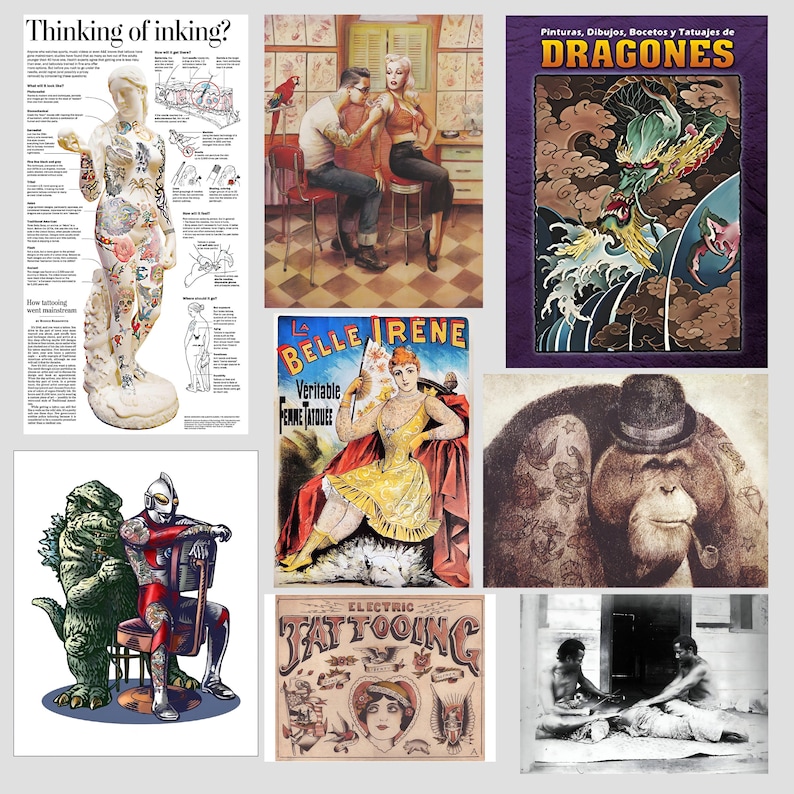 May include: A collage of images relating to tattoos. The images include a vintage tattoo parlour sign, a woman getting a tattoo, a drawing of a dragon, a vintage illustration of a tattooed monkey, and a black and white photo of a tattoo artist working on a client.
