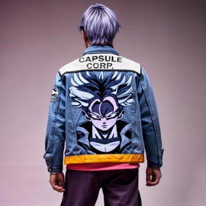 Future Warrior custom Anime Denim Jacket Purple Custom Manga Style 90s Jean jacket Future Time Traveler Character Sci Fi Capsule Tech Corp