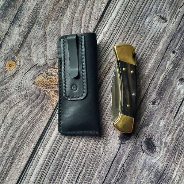 handmade Leather Knife sheath, leather knife clip slip, knife slip, grooms gift, edc, buck 112 sheath, bugout, slip joint slip sheath