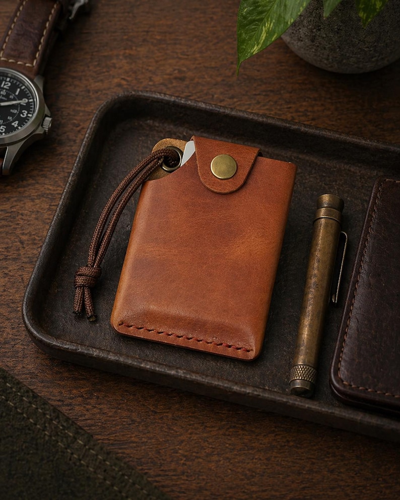 May include: A tan leather card holder featuring a brass snap button closure, visible stitching along the bottom edge, and a brown cord loop attached to a metal eyelet. The rectangular wallet is positioned next to a metallic pen and a watch.
