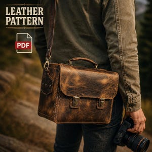 Peut inclure: Un sac photo en cuir marron avec une poignée supérieure et une bandoulière réglable. Le sac présente une forme rectangulaire, un rabat avant avec deux fermetures à pression en métal et des coutures visibles. Le texte indique LEATHER PATTERN PDF.