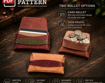 May include: A digital PDF leather pattern for two wallet options, including a card wallet and a coin pouch. The image displays three leather wallets in red, brown, and tan, with text labels for written guides, picture guides, and instant download.
