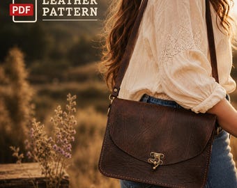 May include: A dark brown leather shoulder bag with a curved flap and a metallic gold-tone clasp closure. The bag features visible stitching along the edges and a long shoulder strap. The text LEATHER PDF PATTERN is displayed in the upper left corner.