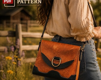 May include: A leather pattern PDF document featuring a crossbody bag with a tan main body, black leather trim at the base and flap, and a central brass-toned D-ring closure. The bag includes a thin black leather shoulder strap with metal hardware.