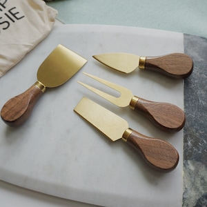 FIRE SALE Set of 4 Modern Gold-Plated Cheese Knives with Walnut Handle and Eco-friendly Gift Bag, Set of 4 Charcuterie/Serving Knives