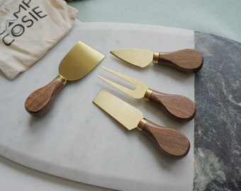 Set of 4 Gold-Plated Cheese Knives with Walnut Handle and Eco-friendly Storage/Gift Bag, Set of 4 Charcuterie Knives, Serving Knives