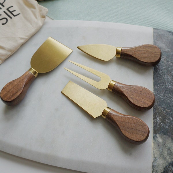 Set of 4 Gold-Plated Cheese Knives with Walnut Handle and Eco-friendly Storage/Gift Bag, Set of 4 Charcuterie Knives, Serving Knives