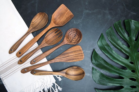 Classic Teak 6-Piece Wooden Kitchen Utensil Set, Wooden Spoons, Teakwood, Wooden Utensils