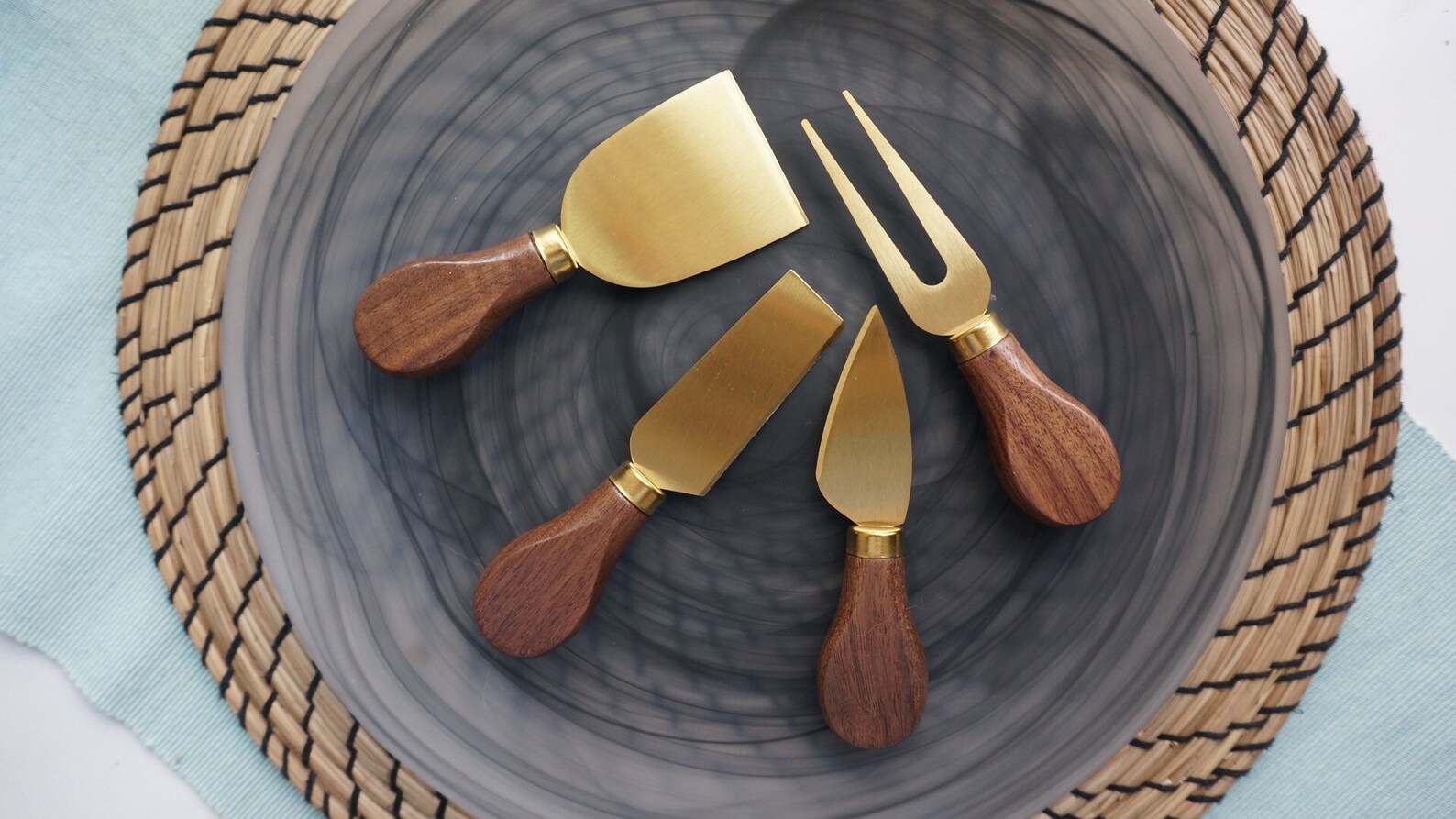 Set of 4 Goldplated Cheese Knives With Walnut Handle and Etsy