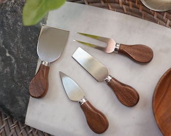 Set of 4 Walnut Charcuterie Cheese Knives/ Cutting Knives/ Spreaders/ Cheese Knife Set; Dark Walnut Wooden Handles