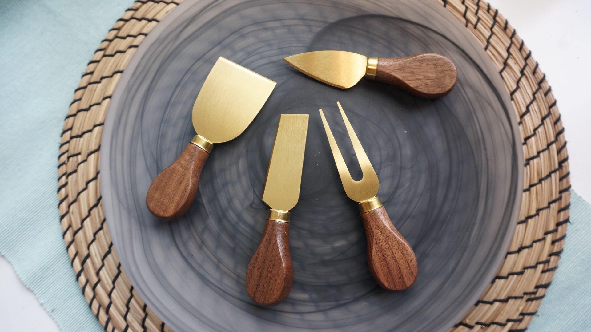 Set of 4 Goldplated Cheese Knives With Walnut Handle and Etsy