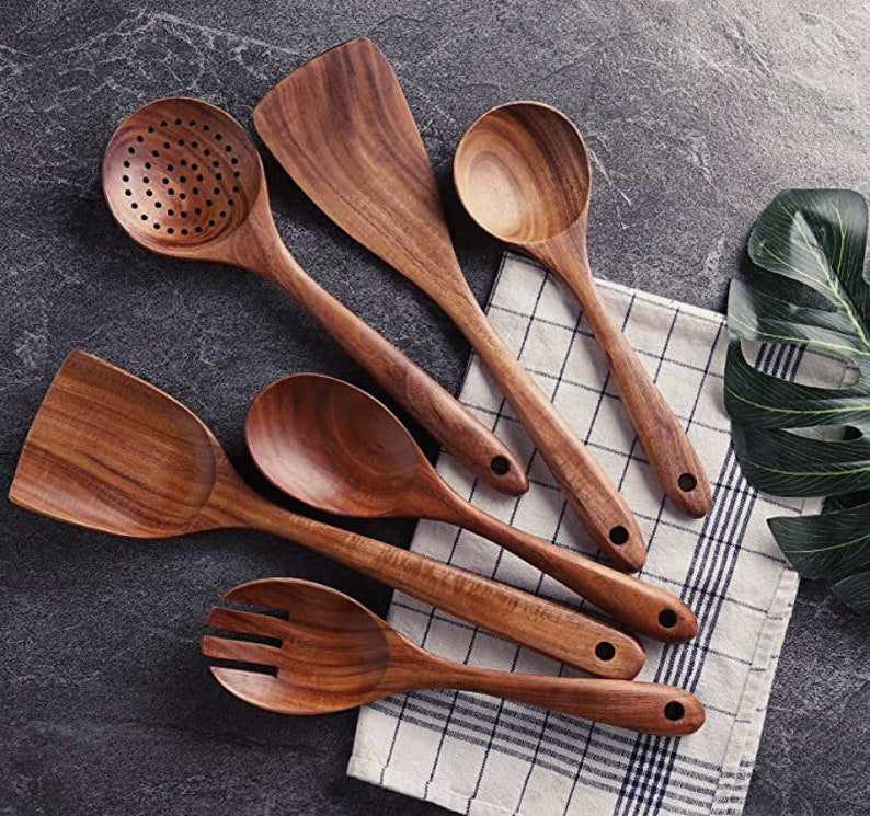 Classic Teak 6piece Wooden Kitchen Utensil Set Wooden Etsy