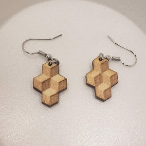 Geometric cube laser engraved wood earrings