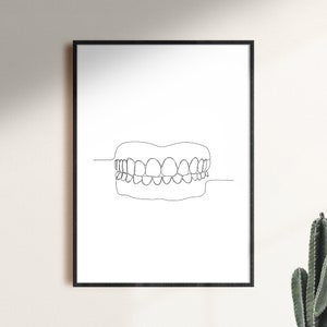 Pode incluir: Um desenho de linha preto e branco de um conjunto de dentes em uma única linha contínua. O desenho está em um fundo branco e é emoldurado em uma moldura preta.