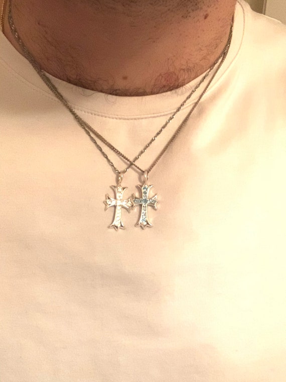 Blue Topaz Cross Pendant Necklace Chain 