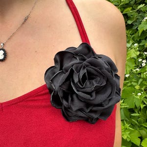 Large black fabric rose brooch — a handmade flower to decorate a dress, bag, jacket, or hat, an elegant accessory for women