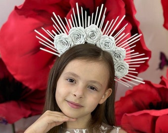 Flower girl headband for wedding halo sunburst  white rose crown   elf wedding accessories