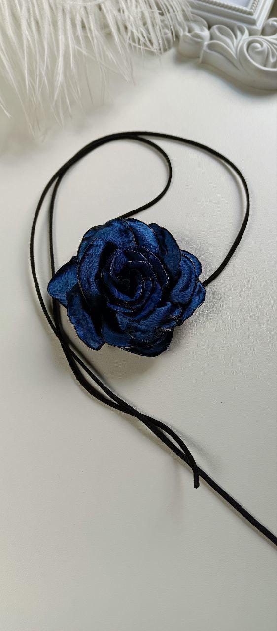Blue Rose Choker: Handmade Satin Floral Necklace, Elegant Women's