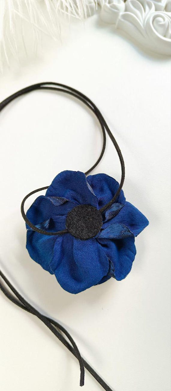 Blue Rose Choker: Handmade Satin Floral Necklace, Elegant Women's