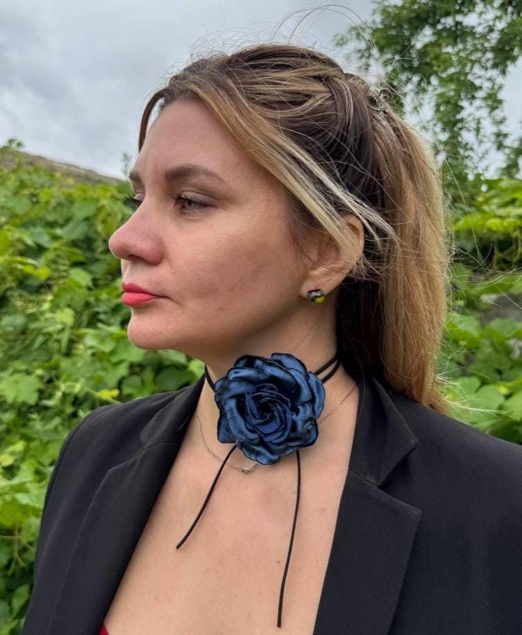 Blue Rose Choker: Handmade Satin Floral Necklace, Elegant Women's