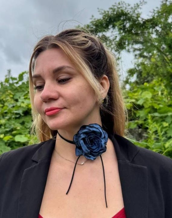 Blue Rose Choker: Handmade Satin Floral Necklace, Elegant Women's