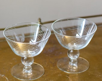 Vintage 1960s Etched Javit Champagne Coupe Glasses (pair)