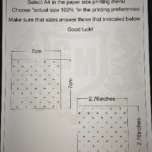 May include: A test page with instructions to select A4 paper size and actual size 100% in the printing menu. Two squares are shown, one measuring 7 inches by 7 inches and the other measuring 2.76 inches by 2.76 inches.