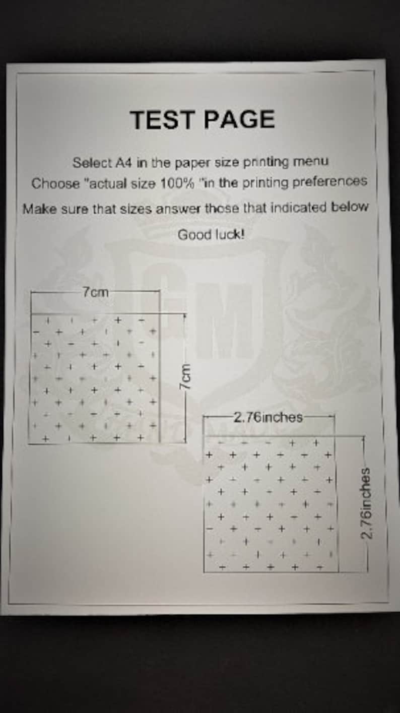 May include: A test page with instructions to select A4 paper size and actual size 100% in the printing menu. Two squares are shown, one measuring 7 inches by 7 inches and the other measuring 2.76 inches by 2.76 inches.