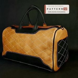 May include: A tan and black duffel bag featuring a diamond-quilted pattern with white stitching, two top handles, and a side panel. A label in the corner reads: MUSAK PATTERNS PATTERN PDF FOR HAND STITCHING.