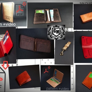 May include: A collage of different leather wallet designs. The wallets are in various colors, including red, brown, and tan. The image includes the text "pattern + video" and "PDF".