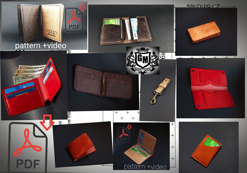 May include: A collage of different leather wallet designs. The wallets are in various colors, including red, brown, and tan. The image includes the text "pattern + video" and "PDF".