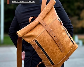 Patroon voor een leren rolltop rugzak (PDF) | Handgestikte rugzak sjabloon | Zelfgemaakte leren rugzak