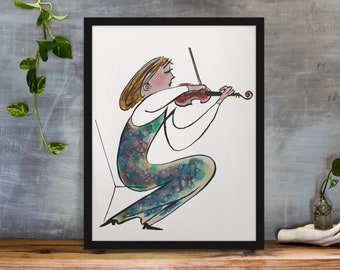 ヴァイオリンを弾く少女の抽象油絵：音楽ウォールアート（デジタル