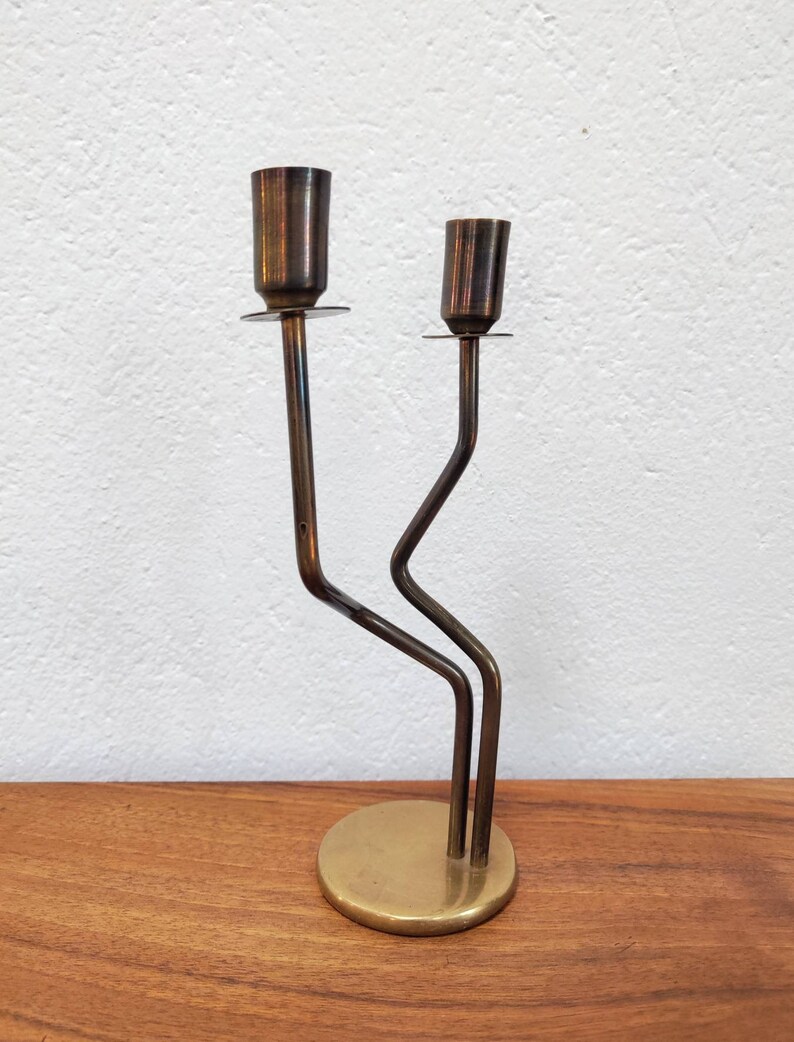Set of 2 Mid Century Modern Candlestick Holders // Brass Candlestick