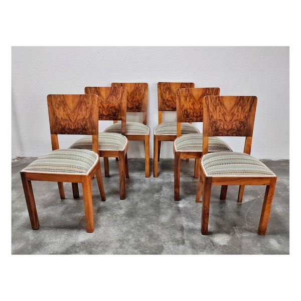 Set of Six Art Deco Dining Chairs // Walnut Roots Veneer Dining Chairs // Made in Austria in 1930s