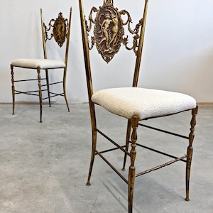 Pair of Hollywood Regency Chiavari Brass Side Chairs upholstered in boucle // Made in Italy in the 1950s