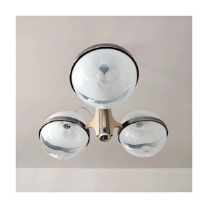 Rare Space Age Pendant with 3 large opaline glass balls held by chrome rings // Modernist Chandelier in Gino Sarfatti style // Made in Italy
