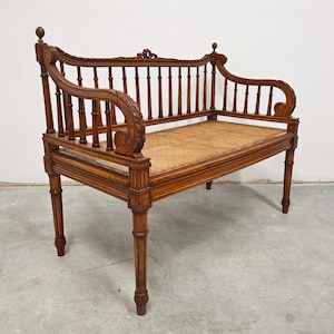 Antique hand-carved Bench done in style of Louis XVI with hand-woven cane seat // France, 19the Century