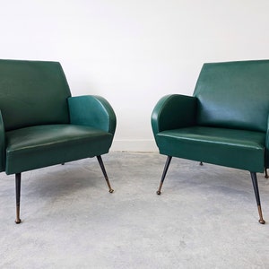 Pair of Mid Century Modern Armchairs in style of Marco Zanuso, upholstered in vinyl // Made in Italy in 1950s